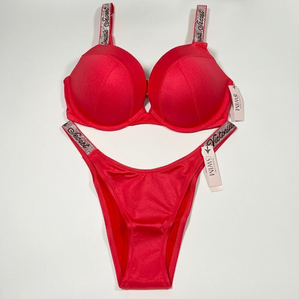 Victoria Secret 32D M SEXY TEE Push Up Bikini Top Bottom Set LOGO Shine Strap